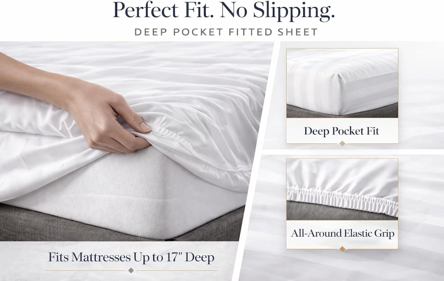100% Egyptian Cotton Sheets Queen Size – 1000 Thread Count Luxury Hotel Sateen Weave Sheet Set, Soft & Breathable, 17' Deep Pocket, 4-Piece White Striped Bedding, All-Season Comfort