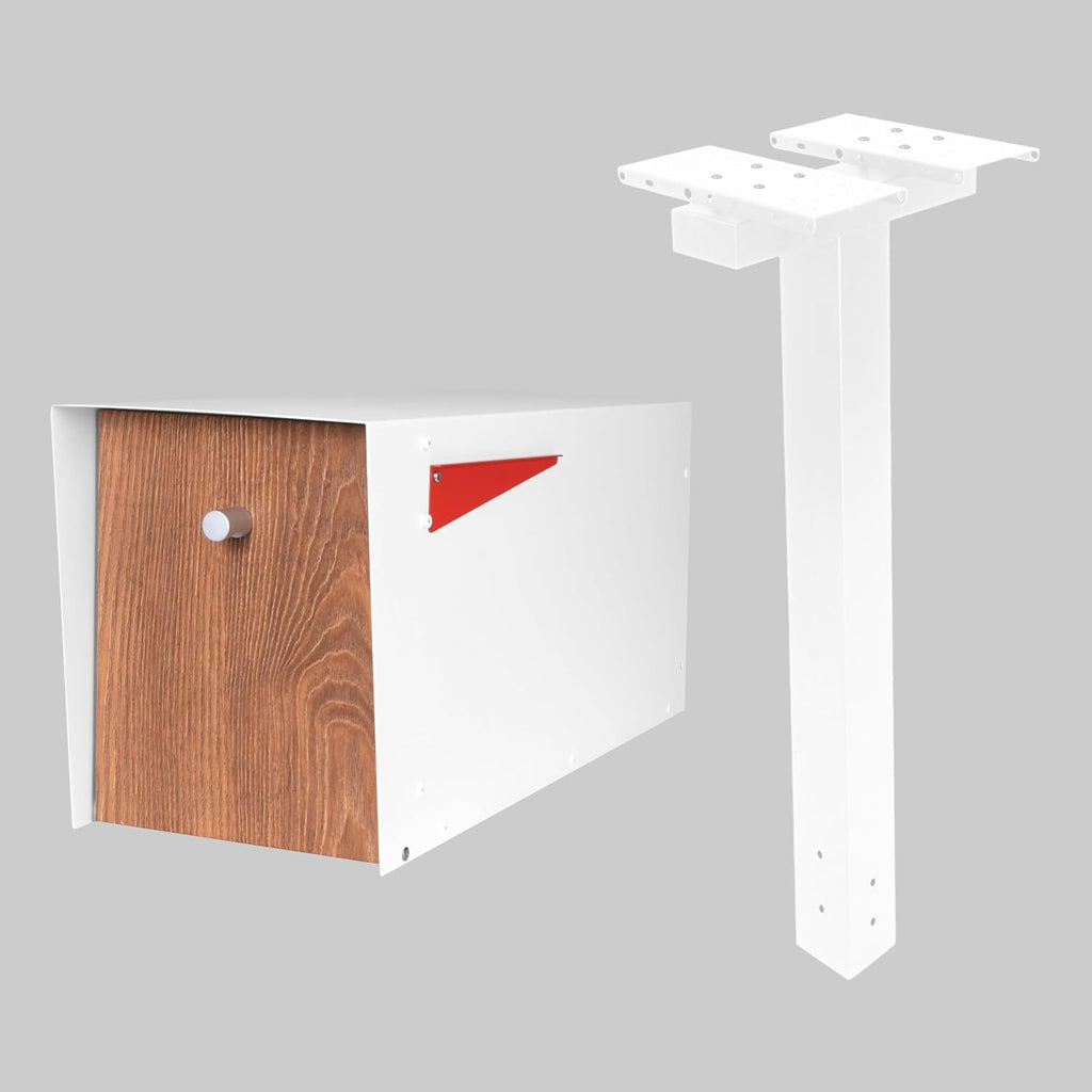 Ilyapa Modern White Mailbox & Black Post Mount Kit: Heavy-Duty, All-Weather Resistant Metal Mailbox with Universal Mounting Post Sleeve for Curbside Residential Use