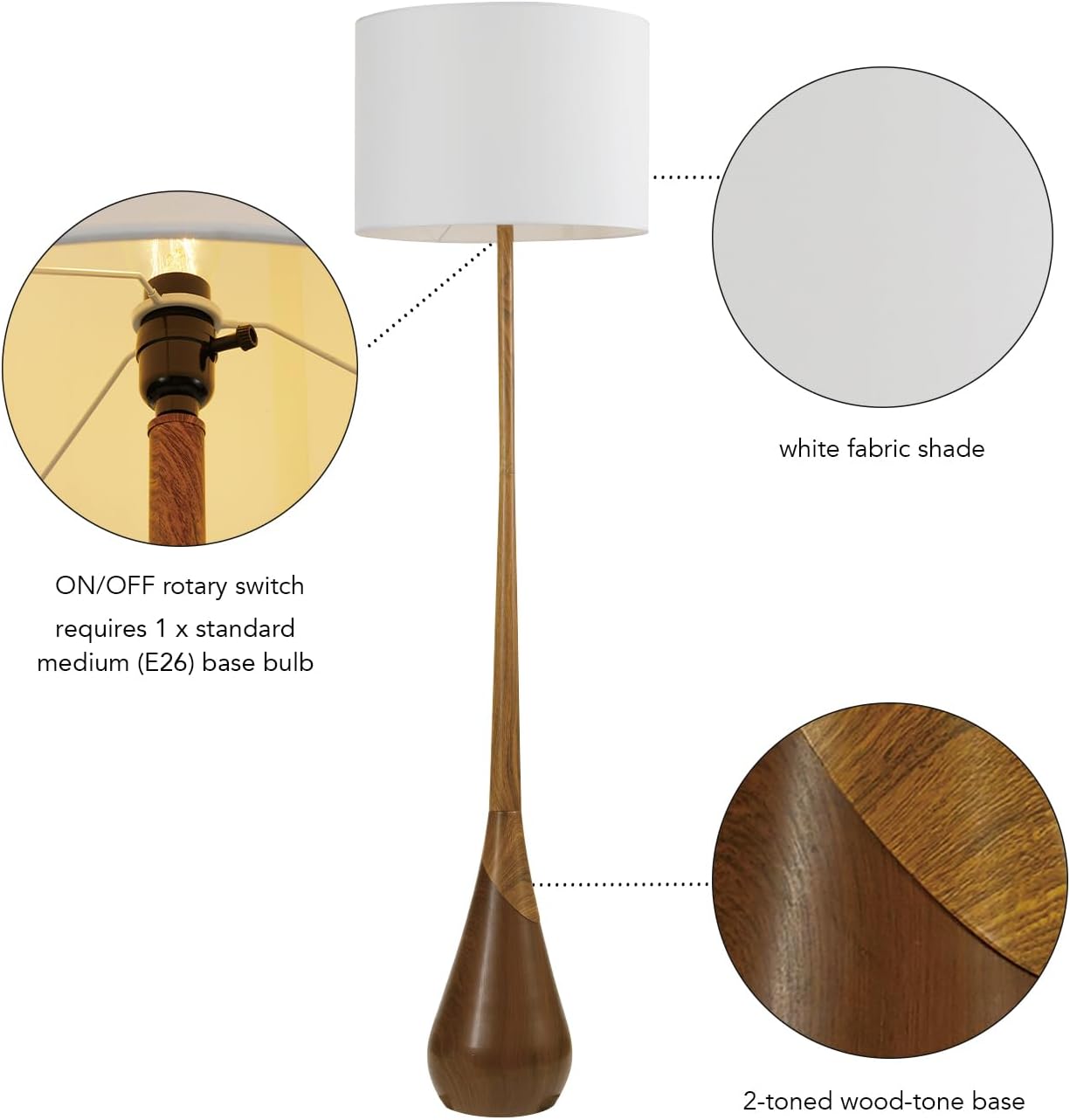 Globe Electric Novogratz x Globe Harrington 65' Floor Lamp, 2-Tone Faux Wood Base, White Fabric Shade, Socket Rotary Switch 67225