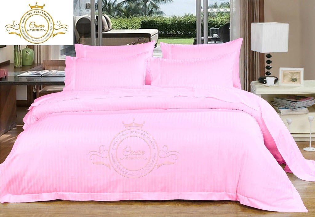 Crown Collection Hotel Beddings 600-Thread-Count 100% Egyptian Cotton 4 Piece Sheet Set Fit Upto 12' Deep Pocket Queen Size All Around Elastic Fit Damask Striped, Pink