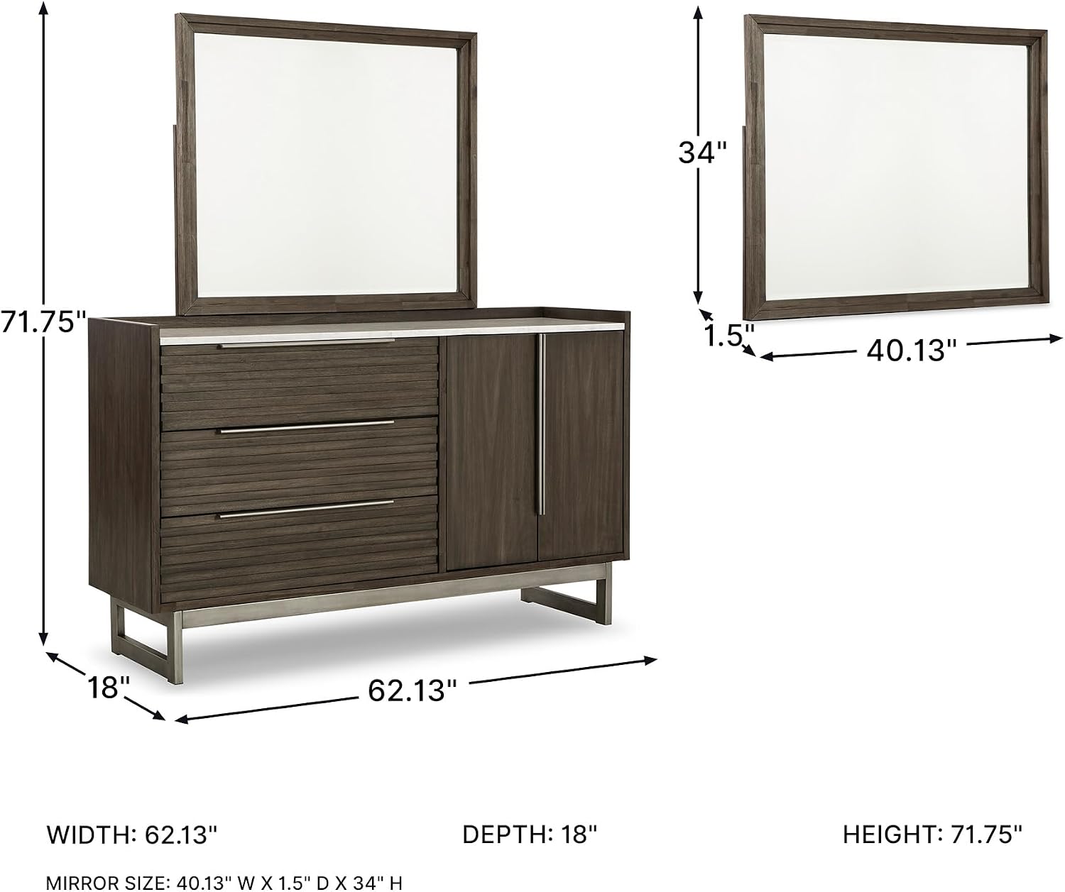 Signature Design by Ashley Arkenton Mid-Century Modern 3-Drawer Dresser and Mirror with Felt-Lined Top Drawer, Adjustable Shelf and Safety Stop, Dark Brown & White