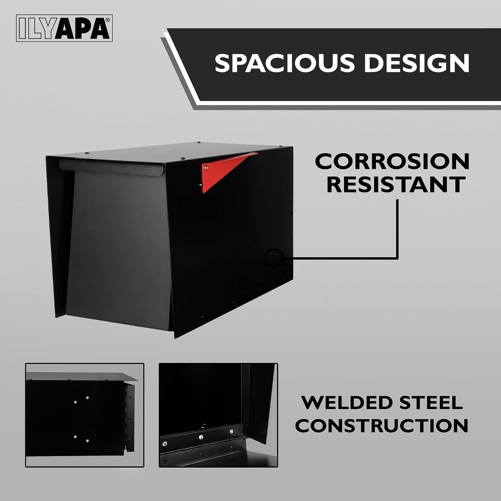 Ilyapa Modern Mailbox for Post Mount - Black with Black Door Heavy Duty Powder Coated Steel, Waterproof Letter Box for Curbside Parcels, Corrosion Resistant with Recessed Magnetic Close Door, Large