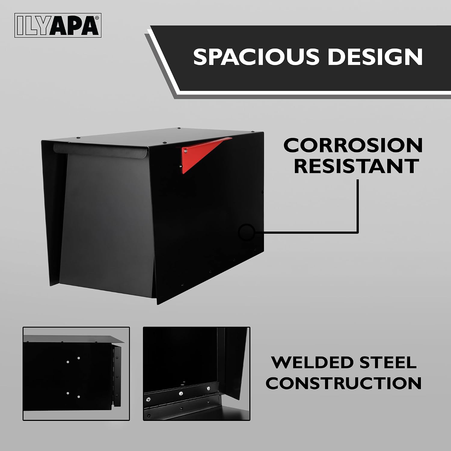 Ilyapa Modern Mailbox for Post Mount - Black with Black Door Heavy Duty Powder Coated Steel, Waterproof Letter Box for Curbside Parcels, Corrosion Resistant with Recessed Magnetic Close Door, Large