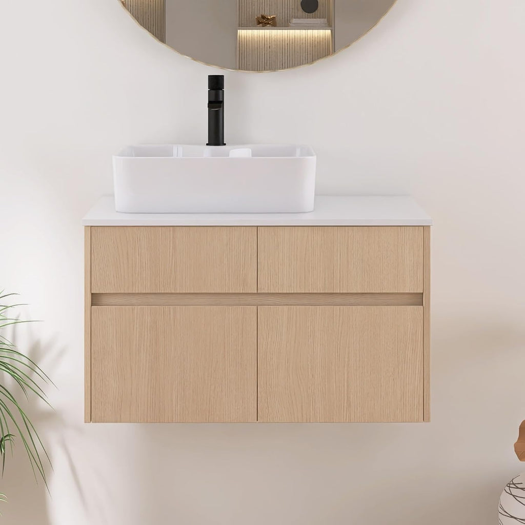 32 Inch Floating Bathroom Vanity with Sink, Modern Wall Mounted Cabinet, Ceramic Vessel Basin, 2 Soft Close Doors and 2 Drawer, White Oak