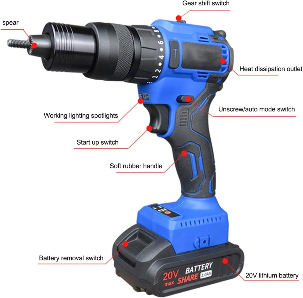 2x4000mah Cordless Rivet Tool w/Two Batteries, Dual-Use Electric Rivet Gun for Rivets & Rivet Nuts,Automatic Rivet Gun,for Metal, Plastic and Leather