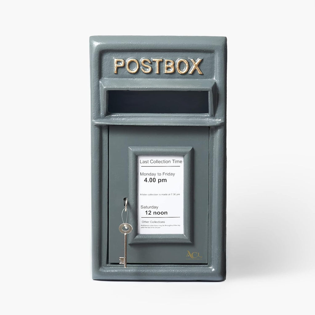 Post Box Classic Grey Large Letter Box Lockable with 2 Keys, Pole Mounted Heavy Duty Cast Iron Mail Box for Home Weatherproof Mailbox Easy to Install, 44 x 24 x 25 cms, 12.8 kg