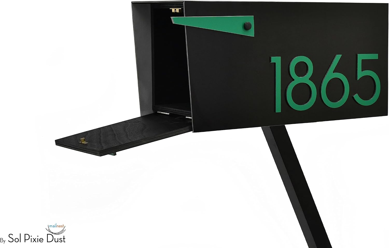 Contemporary Post-Mount Mailbox - Aluminum Black Body with Aluminum Door, Numbers and Flag - Large Customized Mailbox - Type 4 (Green)