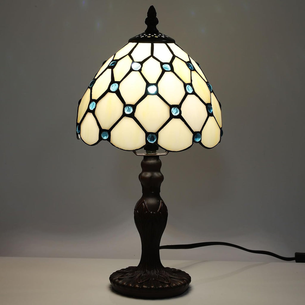 Tiffany Small Table Lamp for Living Room Blue Beads Stained Glass Bedside Nightstand Table Lamps for Bedroom Set of 2,3-Color Temperatures 8X8X15 Inch Hotel Home Office Desk Lamps