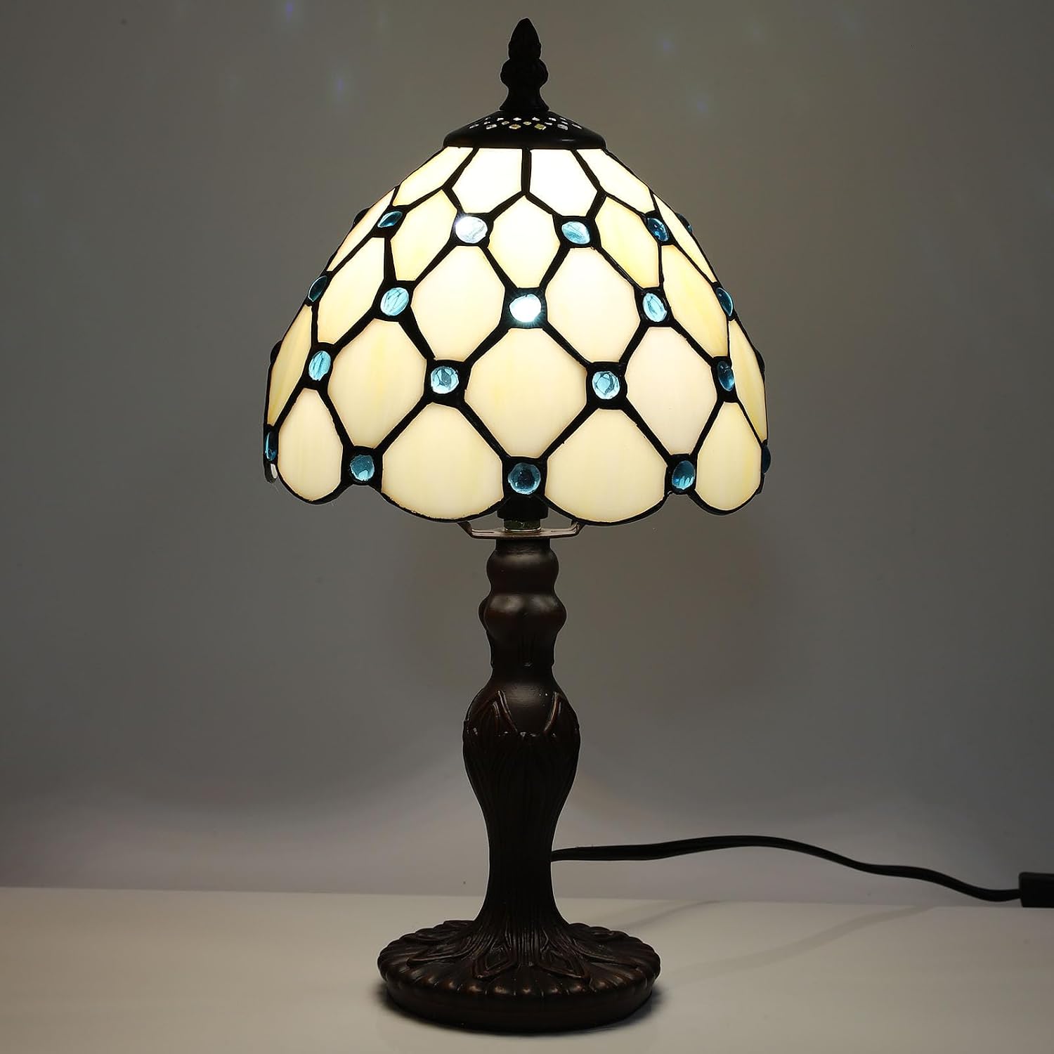 Tiffany Small Table Lamp for Living Room Blue Beads Stained Glass Bedside Nightstand Table Lamps for Bedroom Set of 2,3-Color Temperatures 8X8X15 Inch Hotel Home Office Desk Lamps