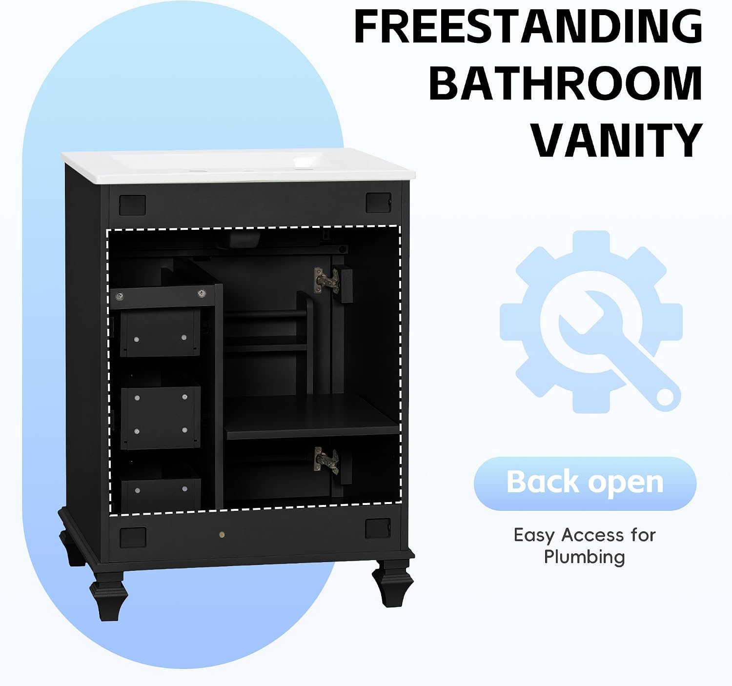 Harper & Bright Designs 24' Bathroom Vanity with Sink, Free Standing Vanity Set with Flip-Out Drawer, 3 Drawers & Storage Cabinet, Wood Bathroom Cabinet with Ceramic Basin for Bathroom, Black