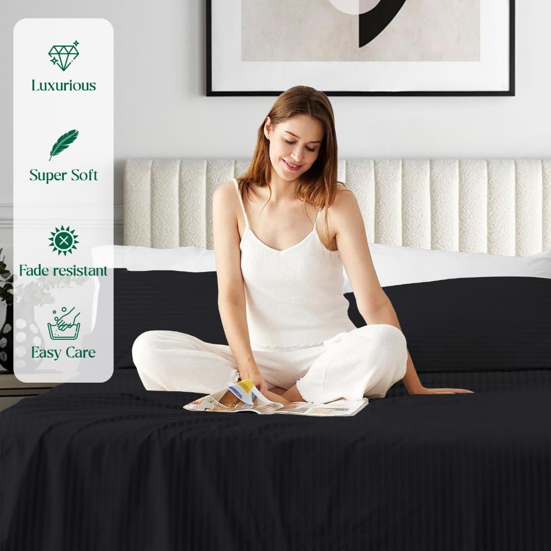 1000 Series - 100% Egyptian Cotton Sheet Set Soft & Comfy Breathable Hotel Quality Luxury Bedding -Queen Size Fits Mattress Up to 18-20' Deep (Stripe, Black)
