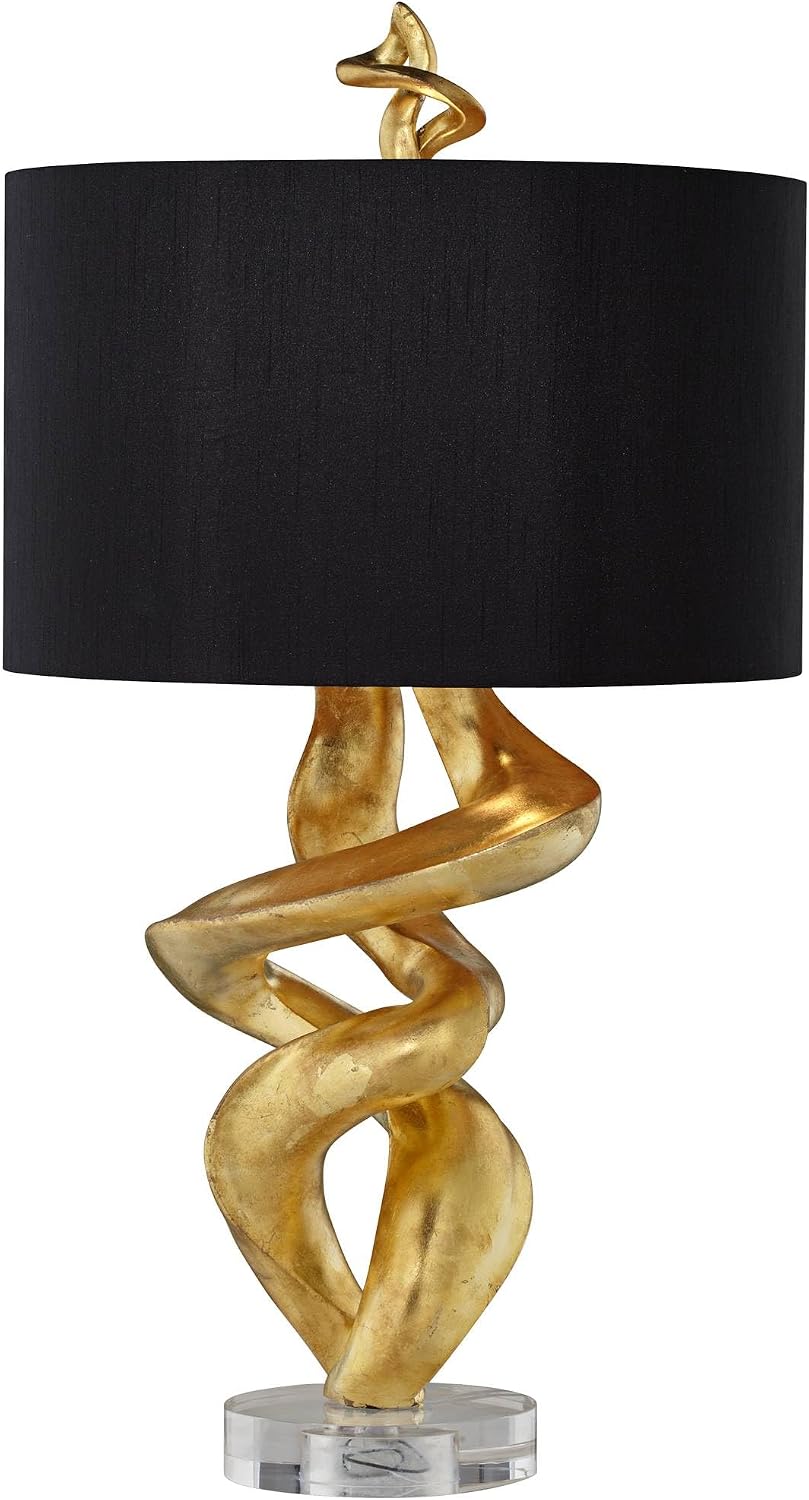 Kathy Ireland Impressions 33' Tall Sculpture Base Large Modern Luxury End Table Lamp Gold Leaf Finish Single Black Shade Living Room Bedroom Bedside Nightstand House Office Home Reading Kitchen