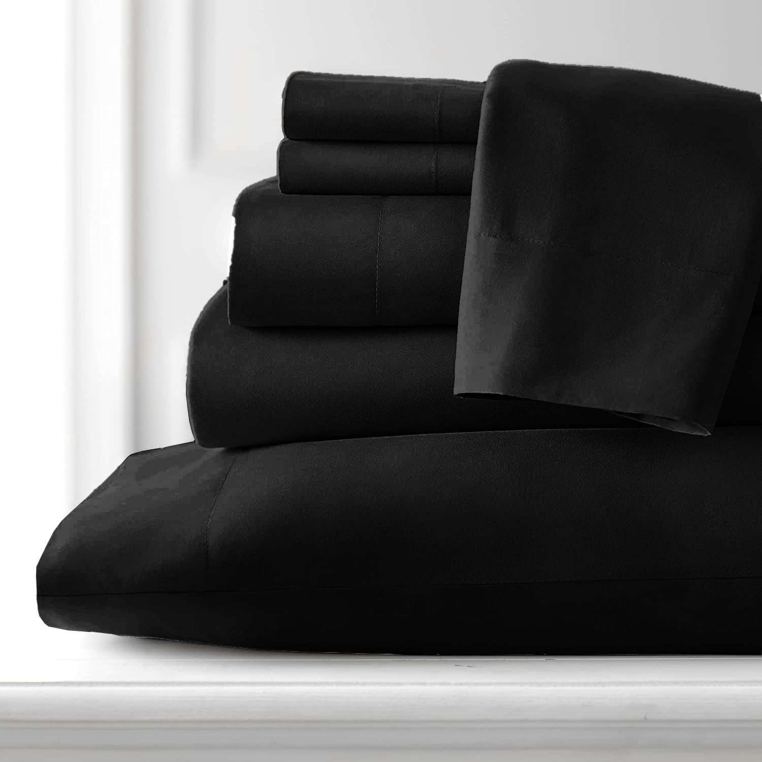 100% Giza Cotton, 1000 Thread Count, 6-PC Bed Sheet Set [Queen Size, Black Color] 18 inches Deep Pockets, Long Staple Cotton Breathable Soft Silky Sateen Weave