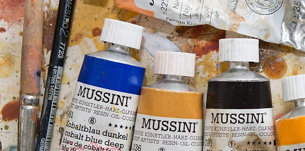 Schmincke - MUSSINI® Finest Resin Oil Colors Premium Wooden Box Oil Painting, 10 x 35 ml Set, 70 213 097, Walnut Tinted, White 150 ml