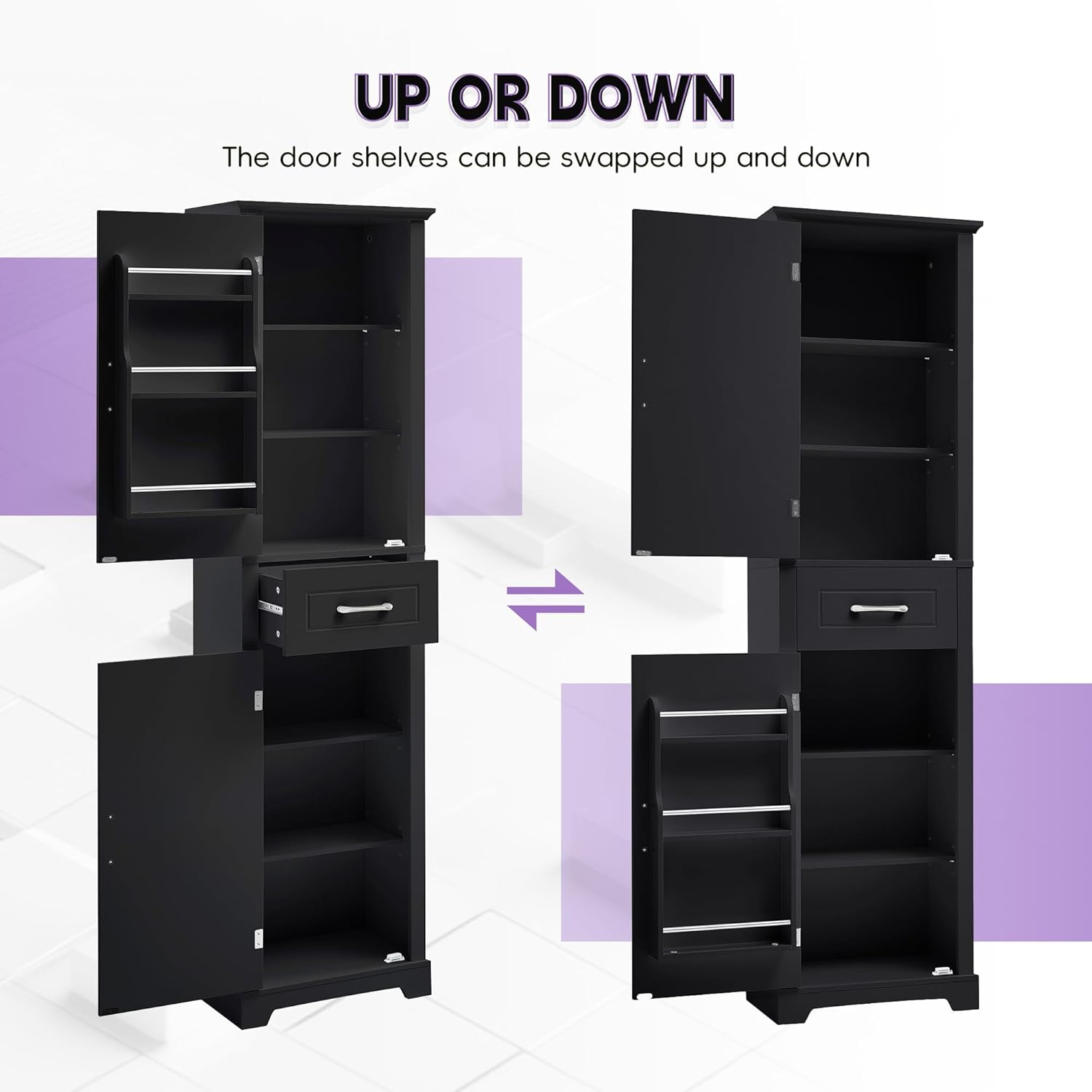Tall Bathroom Storage Cabinet, Freestanding Bathroom Accent Storage Cabinet with Built-in Door Shelf & Adjustable Shelves, MDF Board with Painted Finish for Home Kitchen, Living room (Black Style4)