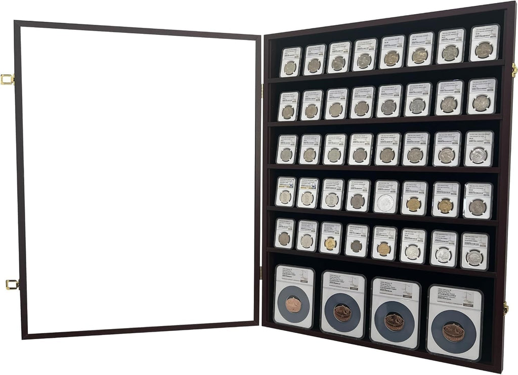 Wall-Mounted Walnut (5 Standard+1 Oversize Row) Wooden Coin Slab Display Case Holder Frame Cabinet Storage for Coin Collection Medal Badges Sport Card Trading Card Collectibles Organization