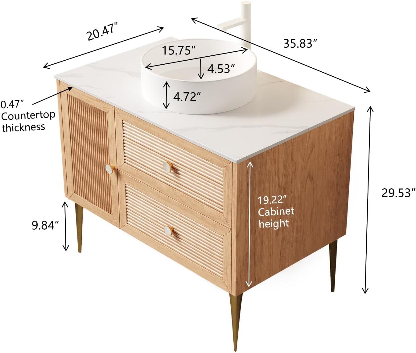 36' Bathroom Vanity with Sink, Plywood Storage Cabinet with 2 Drawers and Soft Close Door, 4 Metal Legs, Round White Ceramic Basin, Wooden Modern Bathroom Vanities, Pre-Assembled, Oak