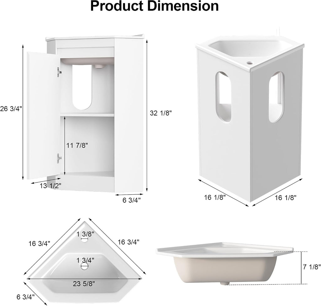 24' Corner Bathroom Vanity Sink Combo for Small Space, Freestanding Compact Space Bathroom Storage Cabinet with White Ceramic Sink, Wall Mounted Modern Vanity,White
