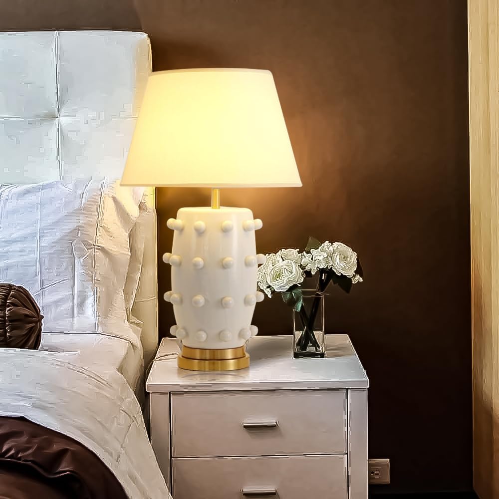 White Ball Farmhouse Ceramic Table Lamp Classic Nightstand Large Linden Lamp with Fabric Shade in Flat White White Table Lamp for Living Room, Bedroom, Office, and Home