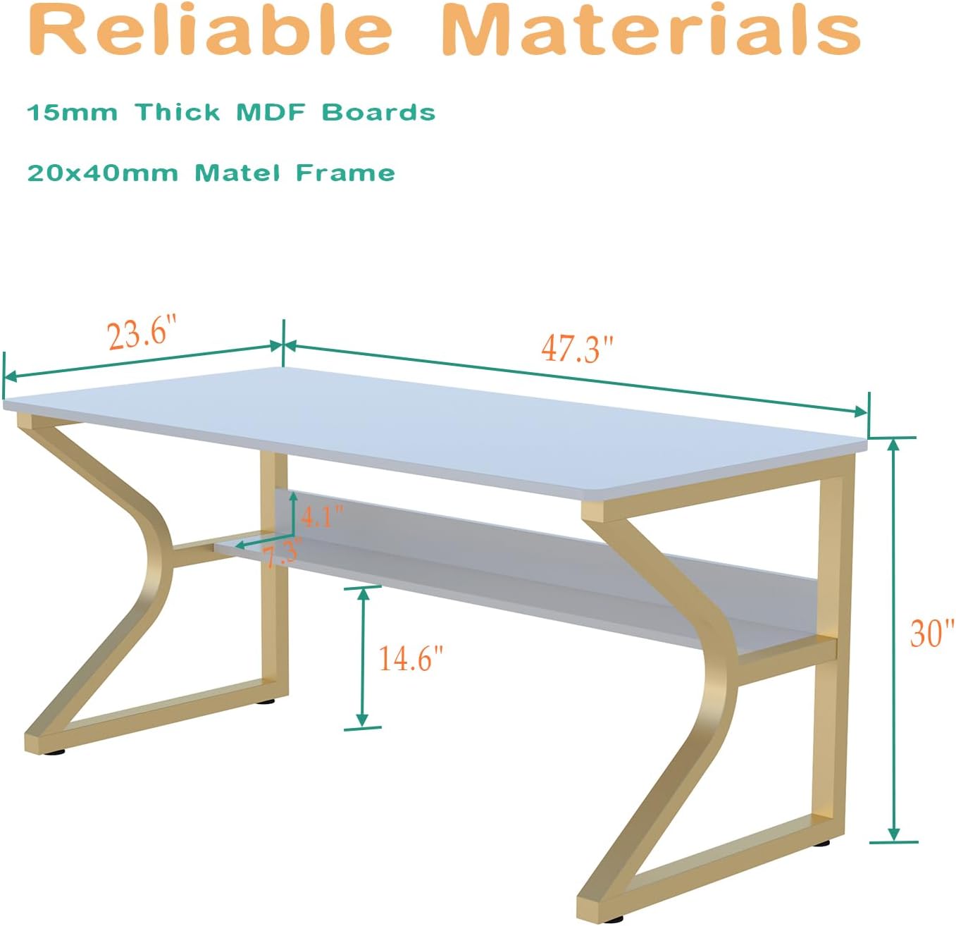 OSCHF Office Desk with Storage Shelf - 47.3' Long Writing Table for Single-Person Workstation, Modern Study Gaming Computer Desk, Gold