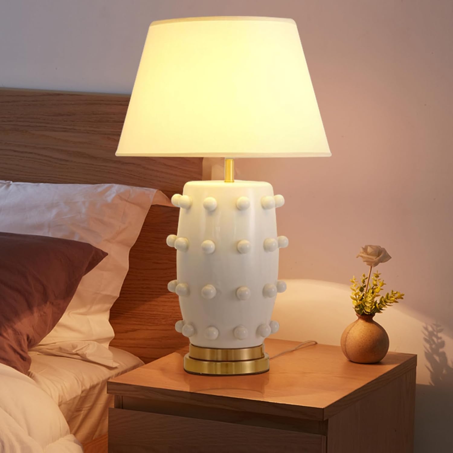White Ball Farmhouse Ceramic Table Lamp Classic Nightstand Large Linden Lamp with Fabric Shade in Flat White White Table Lamp for Living Room, Bedroom, Office, and Home
