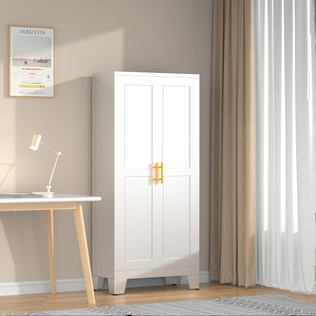erosoei 61.02'H Pantry Storage Cabinet, Kitchen Storage Cabinets with Adjustable Feet and Shelves, Metal Pantry Cabinet for Kitchen, Living Room, Laundry Room and Dinning Room (2door-White)