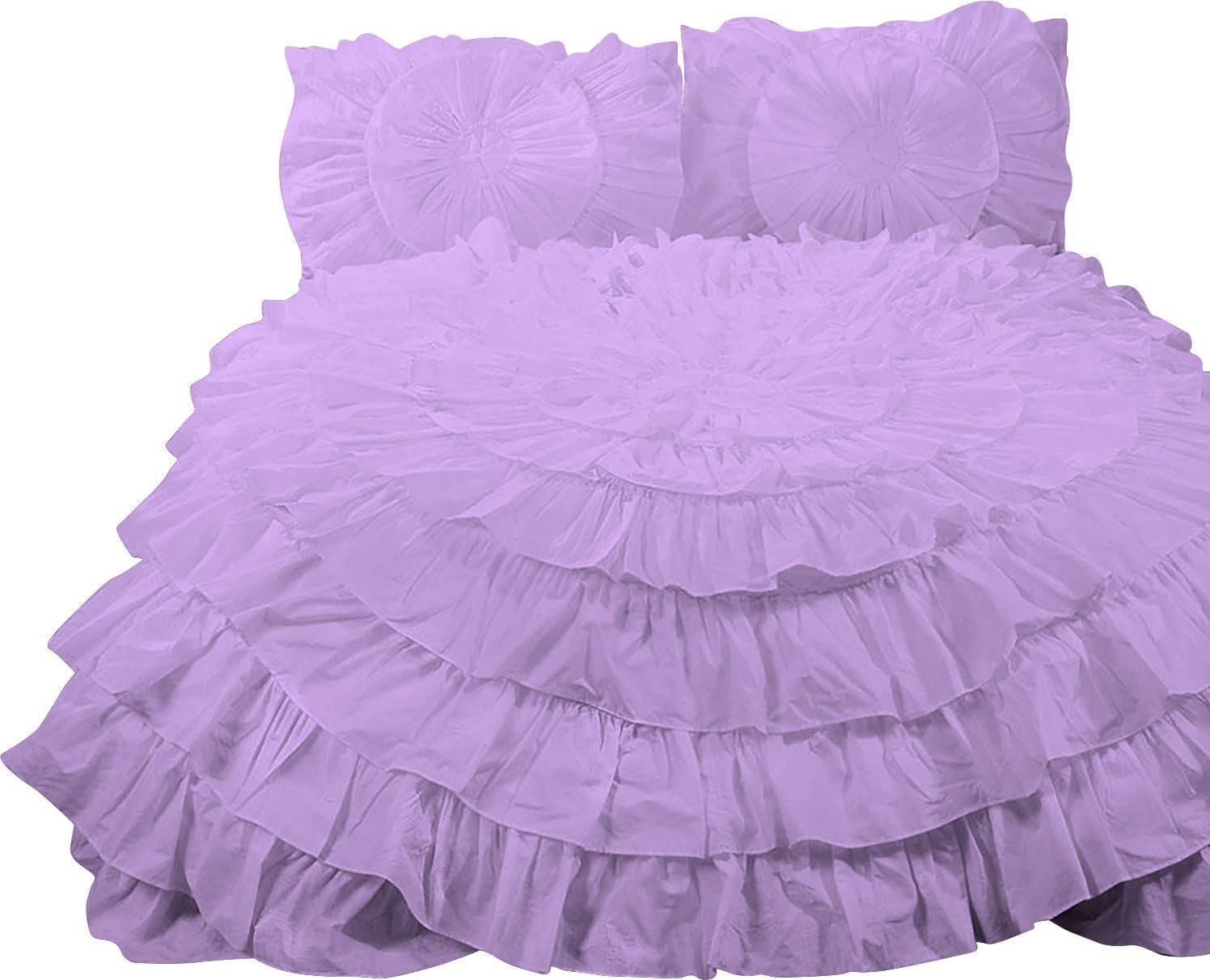 3 Piece 100% Egyptian Cotton Circle Ruffle Comforter Set, 550 GSM Filled Microfiber - Full/Queen Size, Lilac Color - 1000 Thread Count