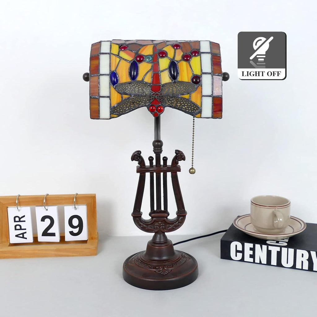 Dragonfly Bankers Lamp Antique Desk Lamps Stained Glass Banker Table Lamp with Pull Chain, Vintage Desk Lamp for Home Office, with Color Changing LED Bulb