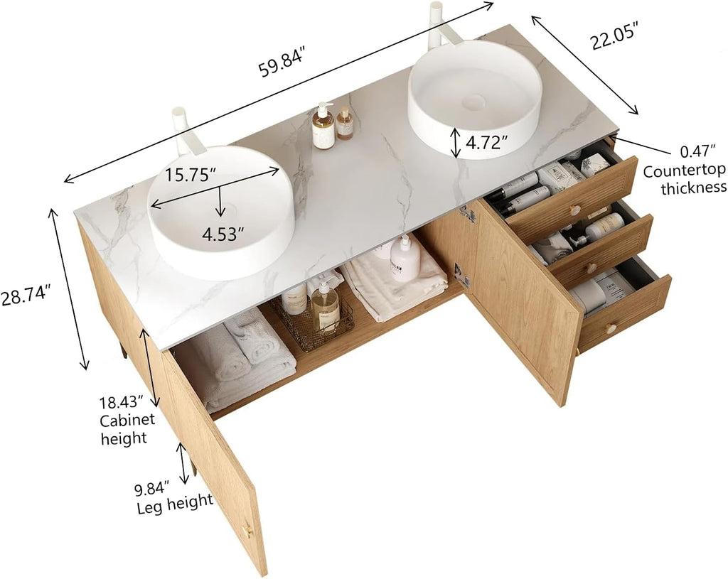 60' Bathroom Vanity with Double Ceramic Sinks, Freestanding Plywood Storage Cabinet with 3 Drawers and 2 Soft Close Doors, 5 Metal Legs, Modern Wooden Bathroom Vanities, Pre-Assembled, Oak