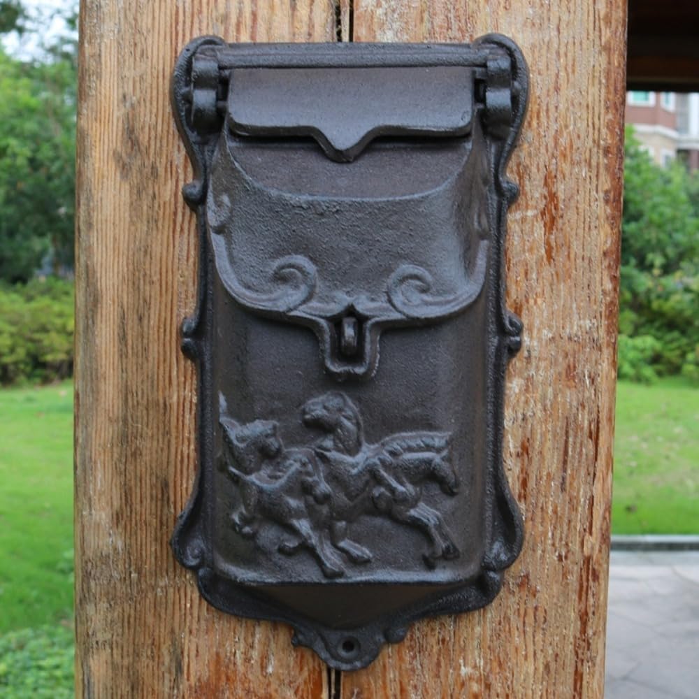 European Cast Iron Wall Mounted Mailbox, Heavy Duty Vintage Letter Box for Outside Decorative Post Box for Villa Courtyard Garden