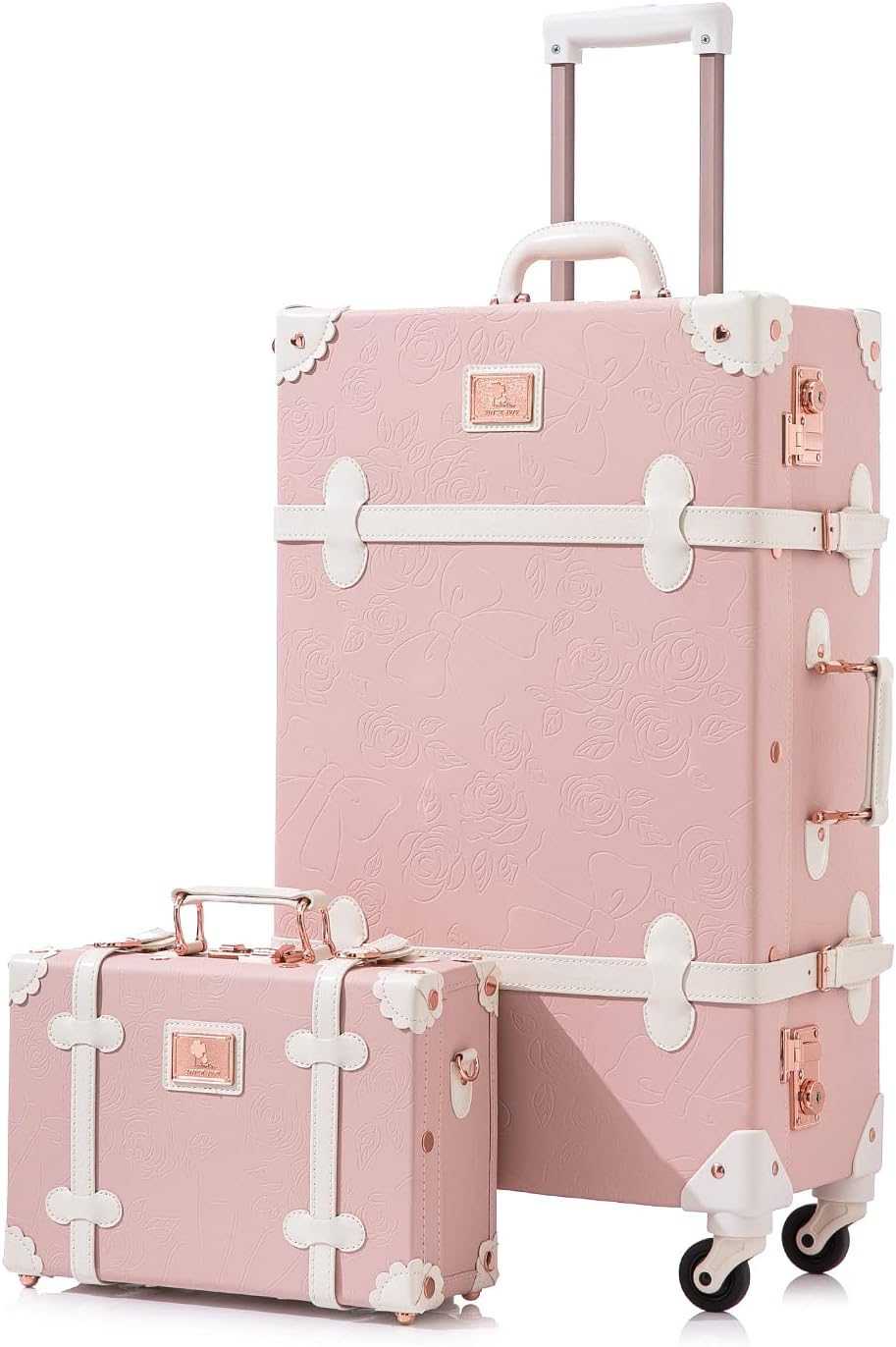 Unitravel 2 Piece Vintage Suitcase Set, 26' Women Cute Travel Luggage with 12' Handbag, Hardside Faux Leather Spinner Trunk with TSA Lock (Embossed Pink)