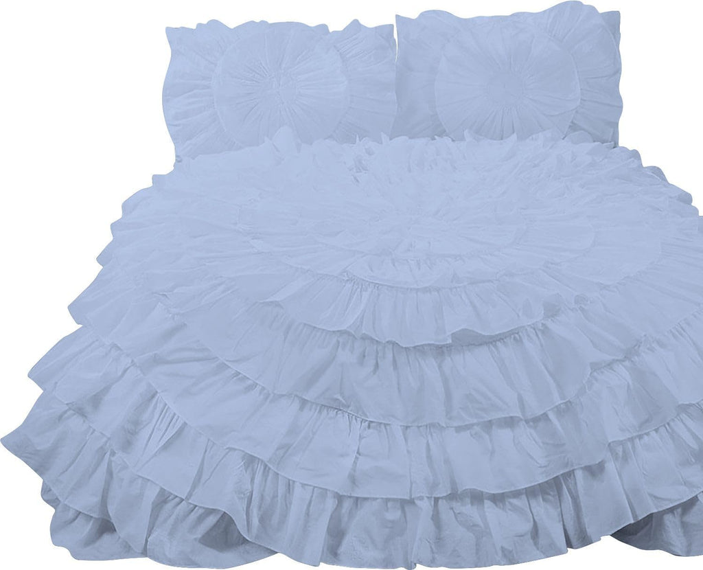 3 Piece 100% Egyptian Cotton Circle Ruffle Comforter Set, 550 GSM Filled Microfiber - Full/Queen Size, Light Blue Color - 1000 Thread Count