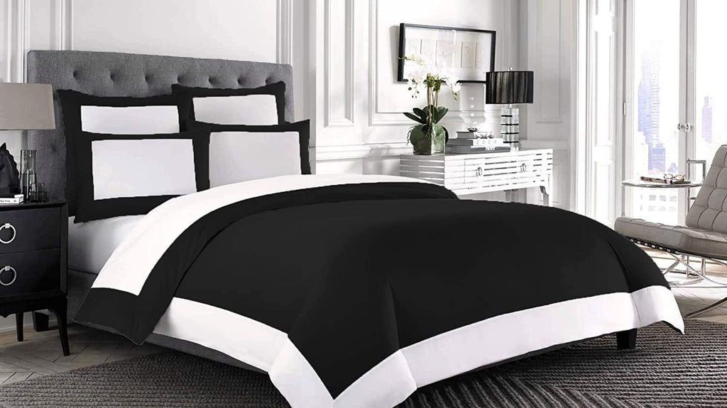 Designer Border Dual Tone Duvet Cover Set with Zipper Closure 700 Thread Count 3 Piece 100% Egyptian Cotton Duvet Cover Bedding Set Fade Resistant - Queen Size, Black/White