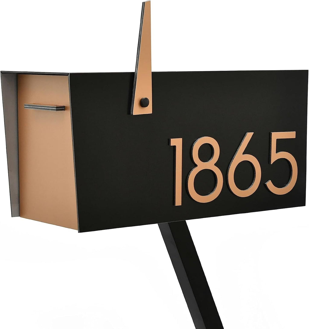 Contemporary Post-Mount Mailbox - Aluminum Black Body with Aluminum Door, Numbers and Flag - Large Customized Mailbox - Type 4 (Bronze)