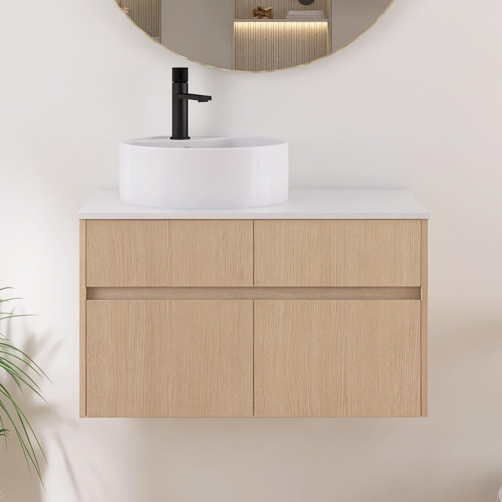 32 Inch Floating Bathroom Vanity with Sink, Modern Wall Mounted Cabinet, Ceramic Vessel Basin, 2 Soft Close Doors and 2 Drawer, White Oak
