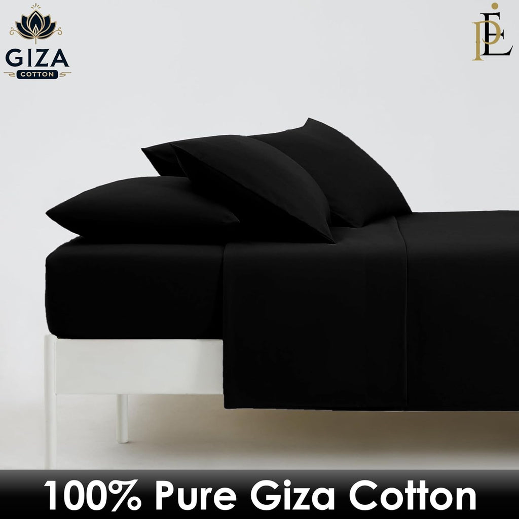 100% Giza Cotton, 1000 Thread Count, 6-PC Bed Sheet Set [Queen Size, Black Color] 18 inches Deep Pockets, Long Staple Cotton Breathable Soft Silky Sateen Weave