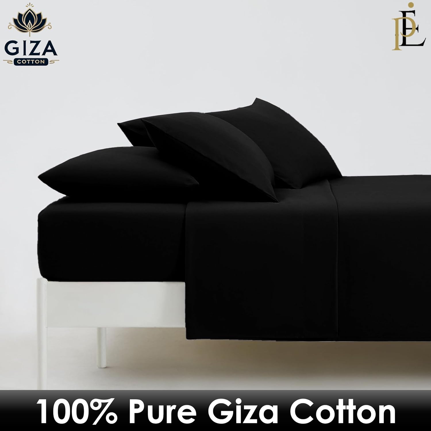 100% Giza Cotton, 1000 Thread Count, 6-PC Bed Sheet Set [Queen Size, Black Color] 18 inches Deep Pockets, Long Staple Cotton Breathable Soft Silky Sateen Weave