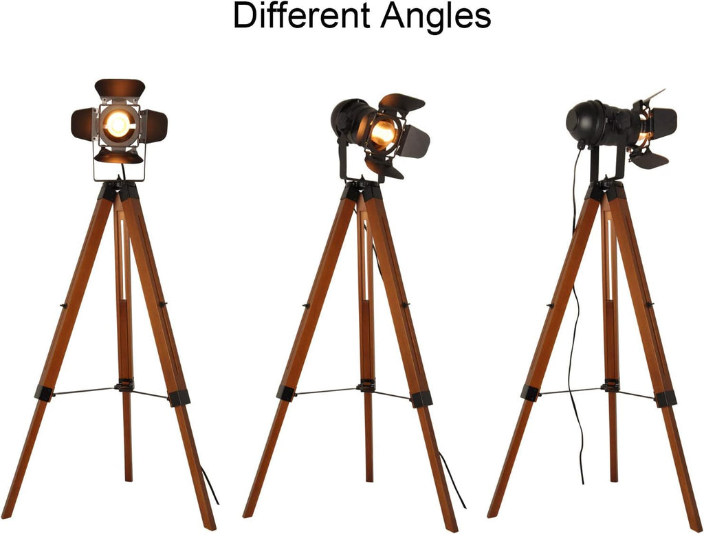 Decoluce Vintage Tripod Floor Lamp, Height Adjustable Wooden Camera Tripod Rotatable Spotlight Tall Standing Light, Nostalgic Cinema Lamps for Living Room, Bedroom, Studios Decor(Black)