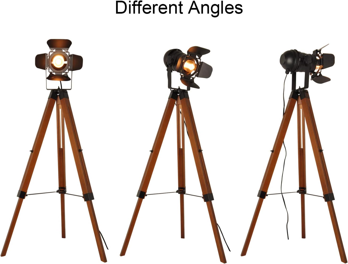 Decoluce Vintage Tripod Floor Lamp, Height Adjustable Wooden Camera Tripod Rotatable Spotlight Tall Standing Light, Nostalgic Cinema Lamps for Living Room, Bedroom, Studios Decor(Black)