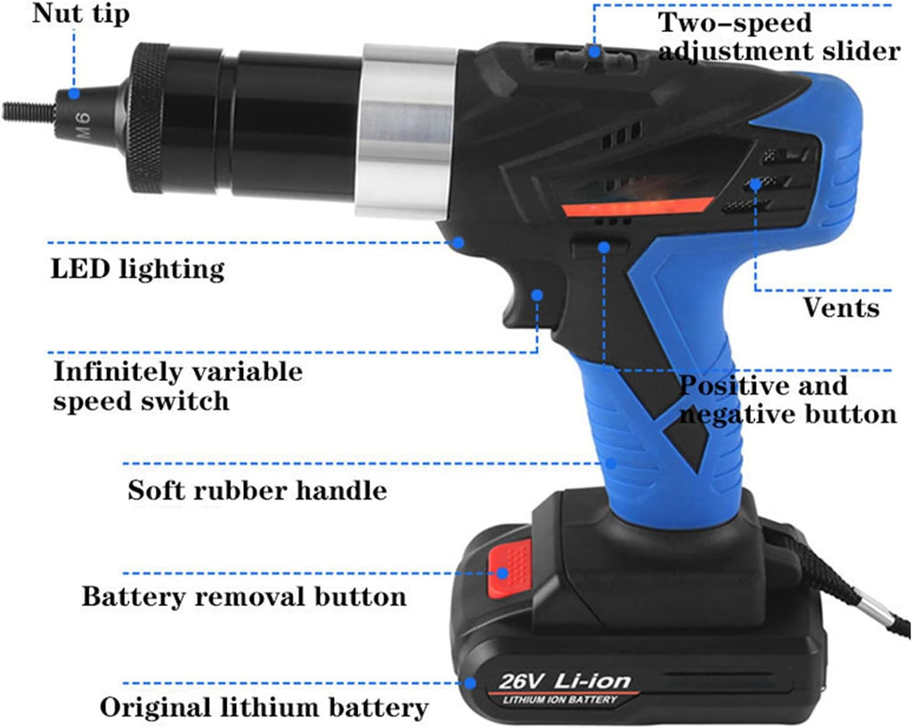 Automatic Pull Riveting Nut Gun, 26V Electric Intelligent Riveter Nut Gun/Ram Gun Rivet Tool M3-M10 with Battery