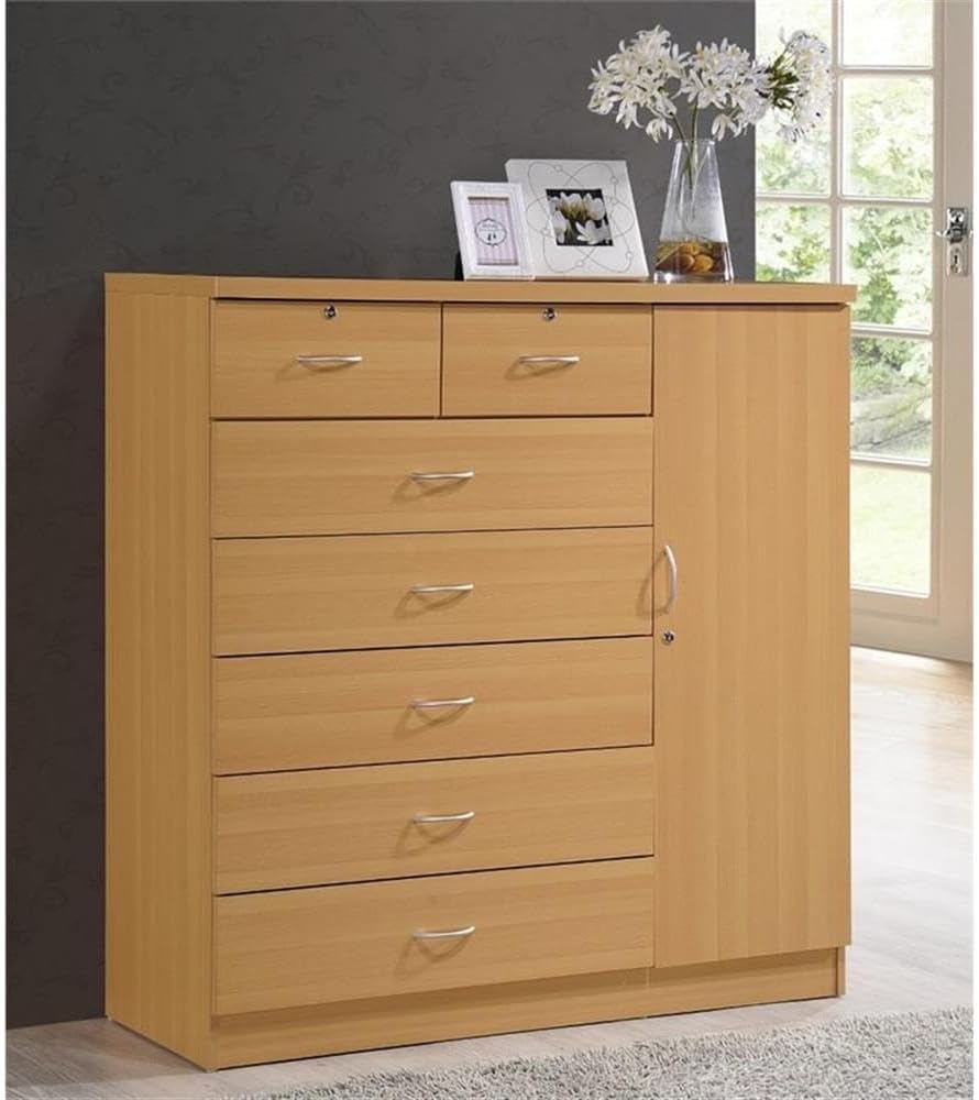 BOWERY HILL 7 Drawer Chest, Beech Wood Finish, Locks on 2 Drawers and 1 Door, Adjustable Shelves, Hanging Rod, Metal Roller Glides, Double Ring Pull Handles, 48.6 in H x 47.2 in W x 17.6 in D