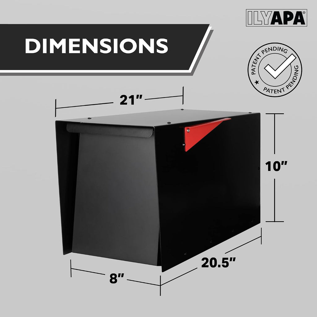 Ilyapa Modern Mailbox for Post Mount - Black with Black Door Heavy Duty Powder Coated Steel, Waterproof Letter Box for Curbside Parcels, Corrosion Resistant with Recessed Magnetic Close Door, Large