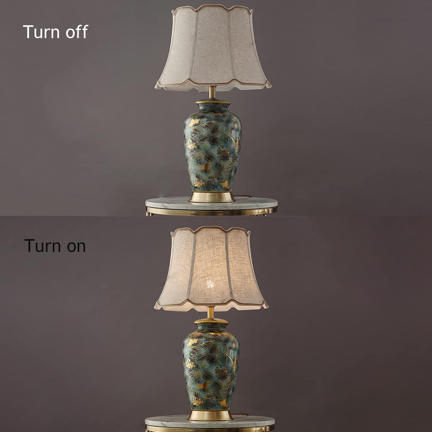 Blue Hand-Painted Ceramic Table Lamp Gold Flower Beside Lamps American Halo Ceramic Lamp Body with Fabric lampshade Nightstand for Living Room Bedroom Home Office