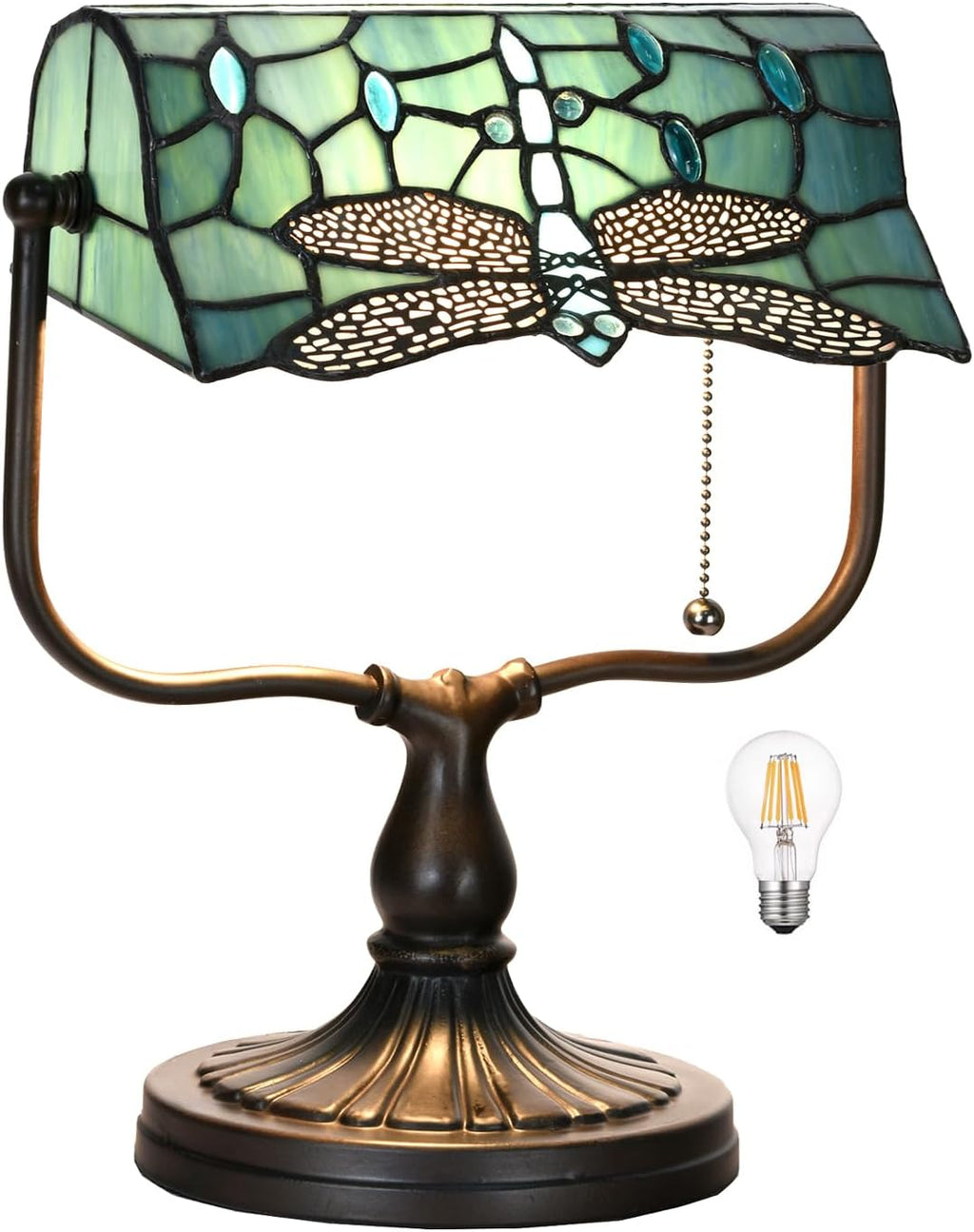 TL0030 Dragonfly Tiffany Banker Desk Lamp Stained Glass Green Shade with Vintage Bronze Base W10.25 X OH13 Inches, Art Nouveau Lamp for Home Office,LED Bulb Included (Dragonfly)