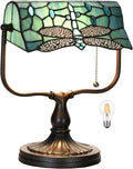 TL0030 Dragonfly Tiffany Banker Desk Lamp Stained Glass Green Shade with Vintage Bronze Base W10.25 X OH13 Inches, Art Nouveau Lamp for Home Office,LED Bulb Included (Dragonfly)
