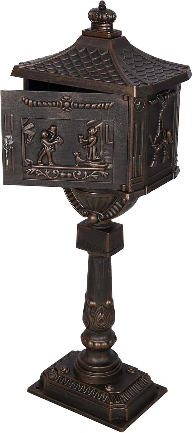 Retro Locking Mailboxes for Outside Aluminum Freestanding Mailbox with Post, Heavy Duty Mail Boxes for House with Post, Bronze