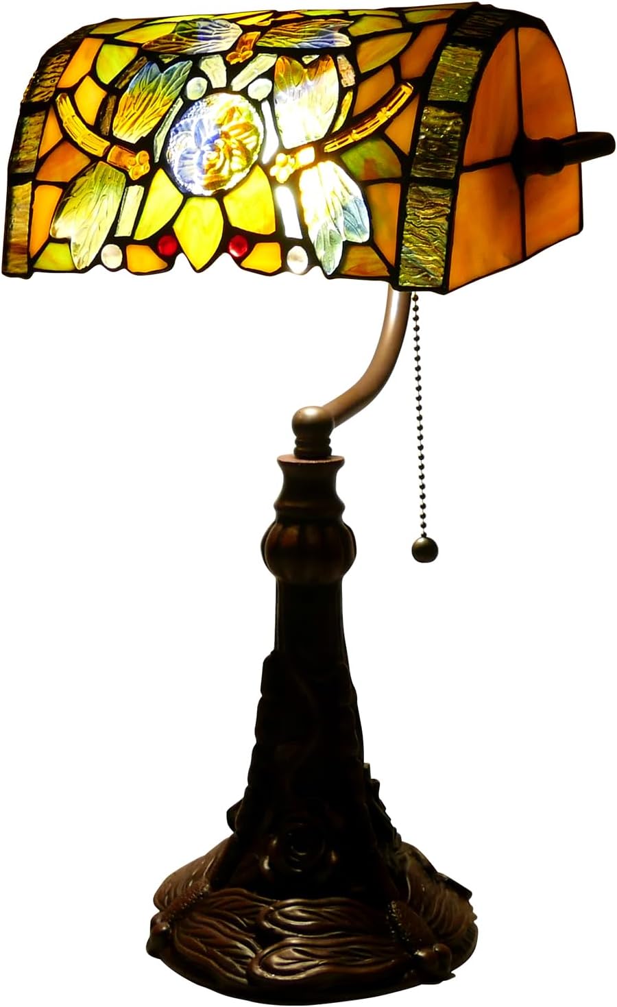 Rose Flower Dragonfly Bankers Lamp Antique Desk Lamps Stained Glass Banker Table Lamp with Pull Chain, Vintage Desk Lamp for Home Office, with Color Changing LED Bulb