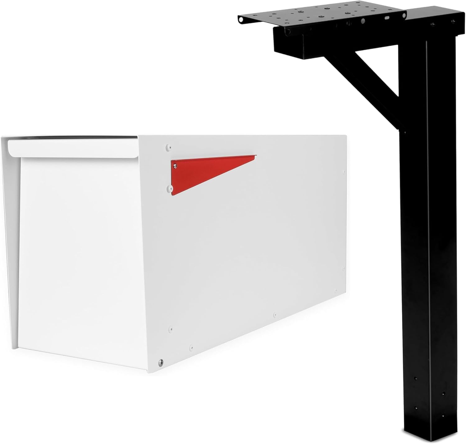 Ilyapa Modern White Post Mount Mailbox & Black Metal Post Kit - Waterproof Steel Letter Box for Parcels w/Magnetic Door & Universal Mounting Brackets - Durable Outdoor Solution