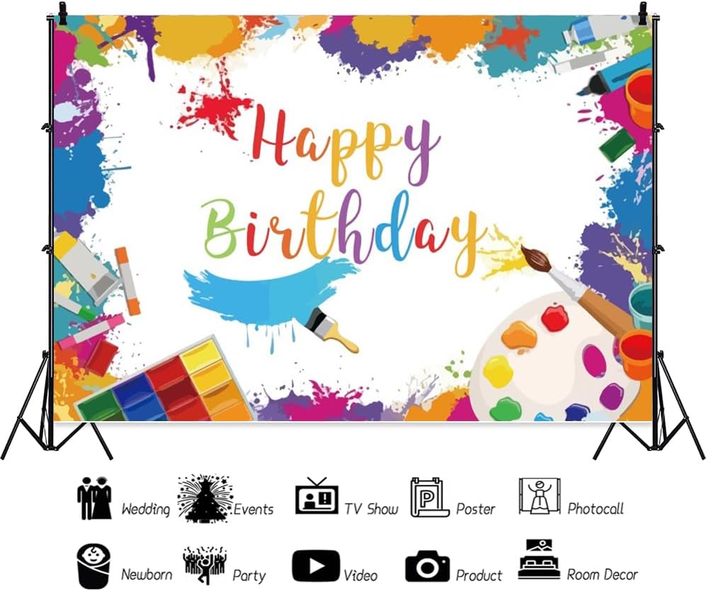 Art Paint Happy Birthday Backdrop Watercolor Happy Birthday Banner Painting Art Birthday Photo Background for Indoor Outdoor Birthday Party Decor Supply Photography Props 20x10ft (600x300cm)