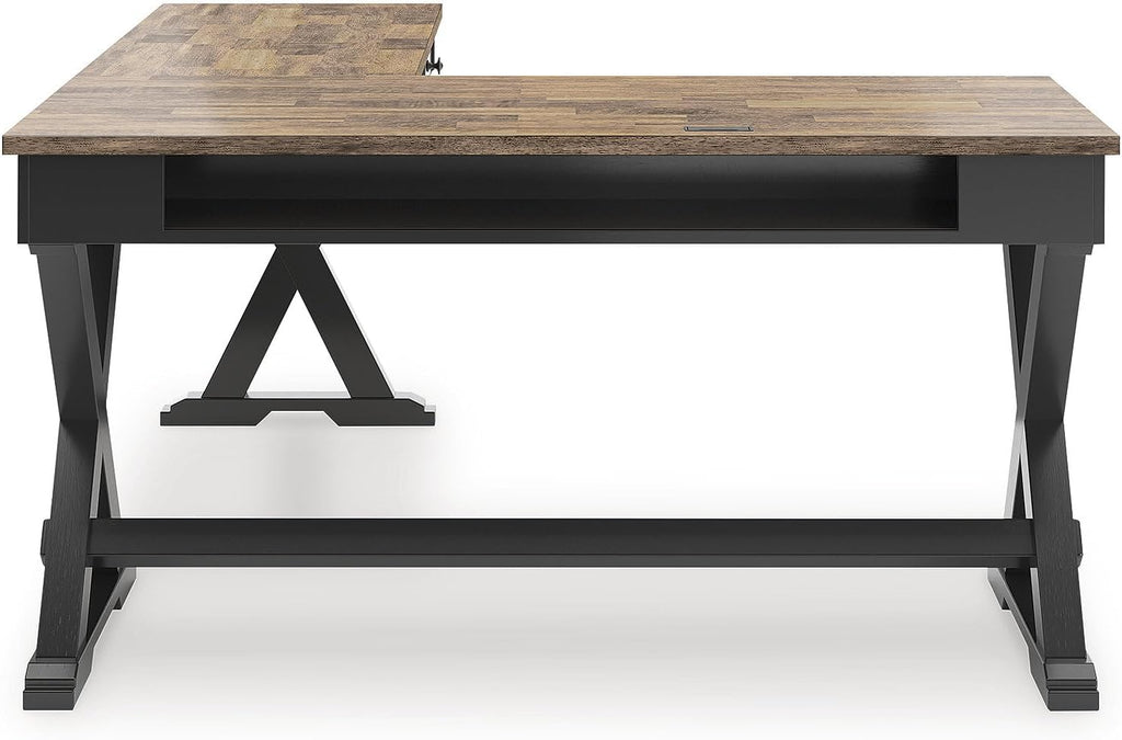 Signature Design by Ashley Wildenauer Casual 3-Drawer Home Office Desk and Return with Drop-Down Keyboard Tray and Cord Management, L-Shaped Desk, Wood, Mango Wood Veneer, Light Brown & Black